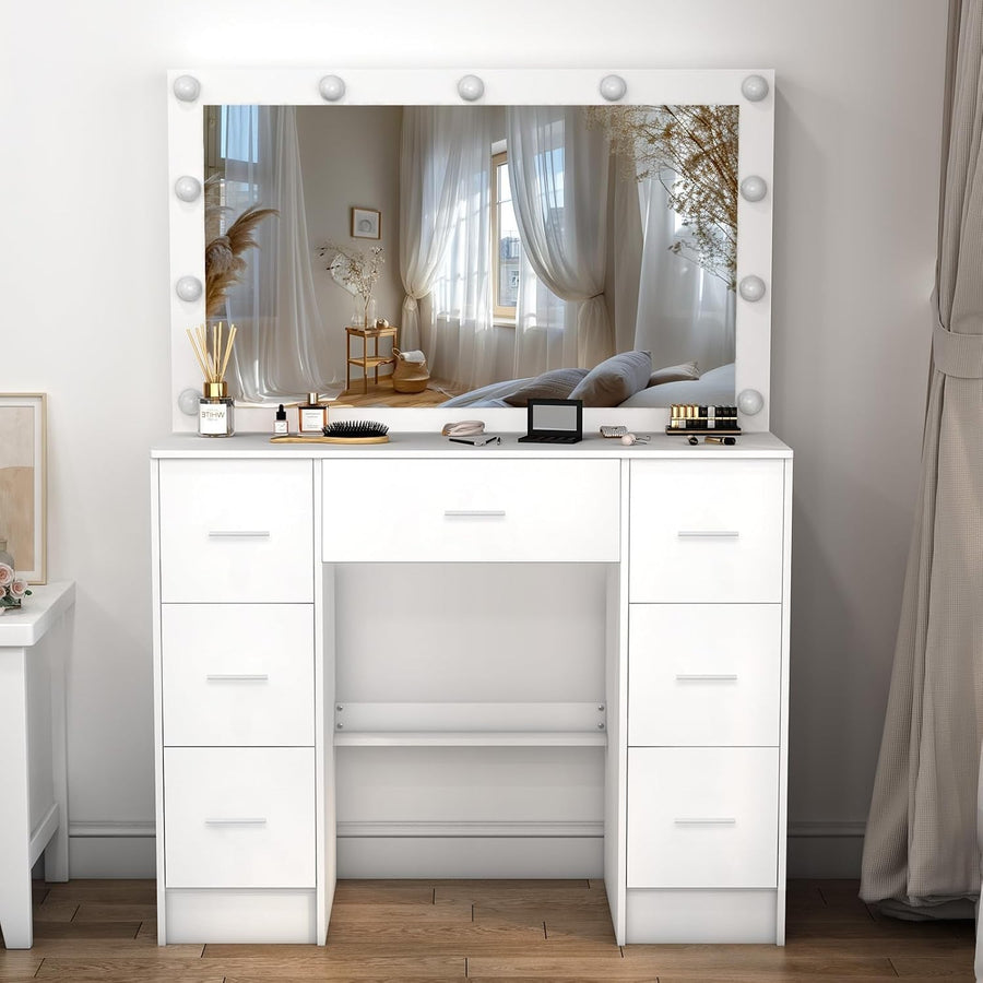Vanity Makeup Dressing Table with 3-Color LED Mirror 7-Drawer Large White Storag