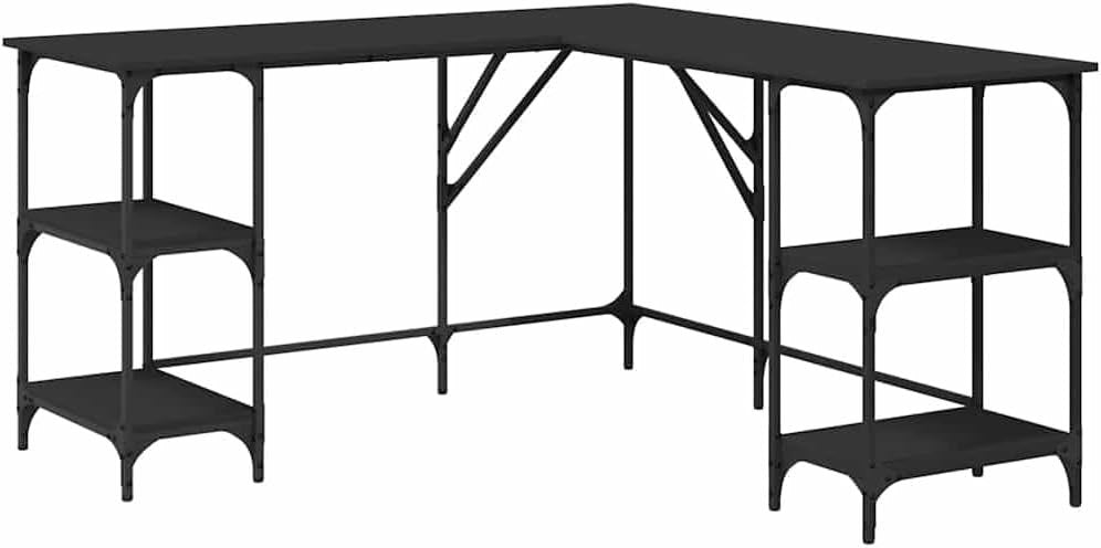 L-Shape Corner Desk with Shelves 139cm Black Office Study Computer Table