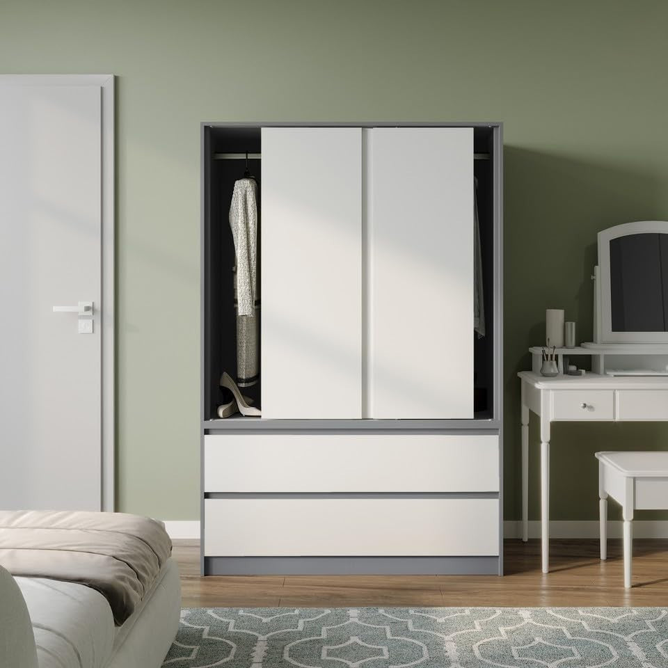 White Sliding Door Wardrobe with 4 Drawers & Hanging Rail – Space Saving