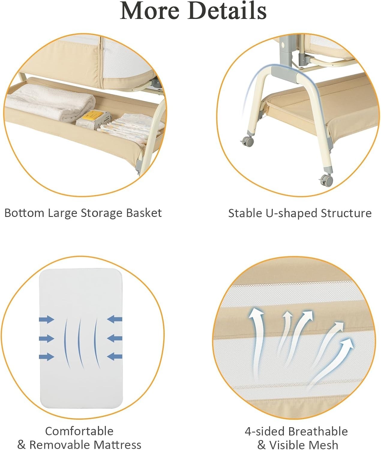 4-in-1 Baby Bedside Crib with Adjustable Height, Mosquito Net & Storage Beige