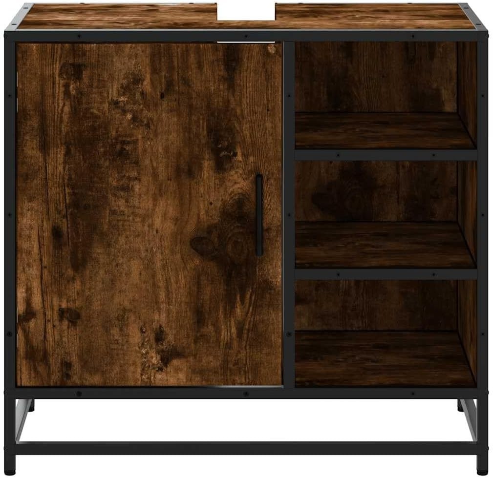 Smoked Oak Under Sink Bathroom Cabinet – Rustic Wood Storage Unit 65cm Modern