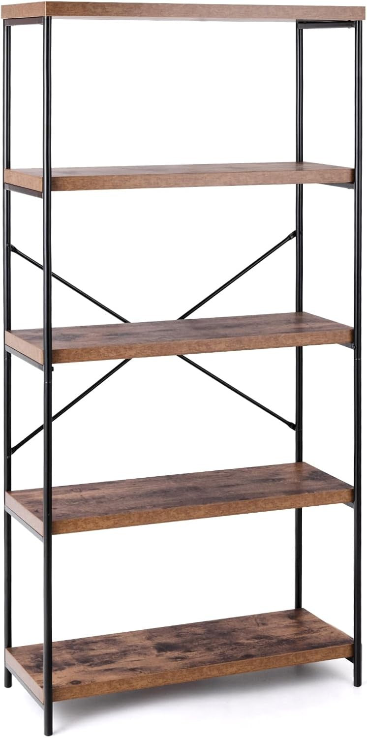 5-Tier Industrial Bookshelf Heavy-Duty Metal Frame Rustic Storage Display Rack