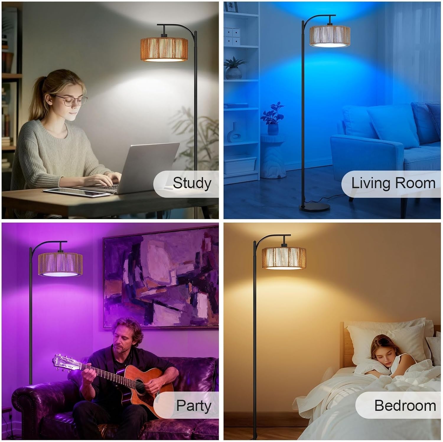 RGB Dimmable Floor Lamp Remote App Control Rattan Shade Music Sync E27
