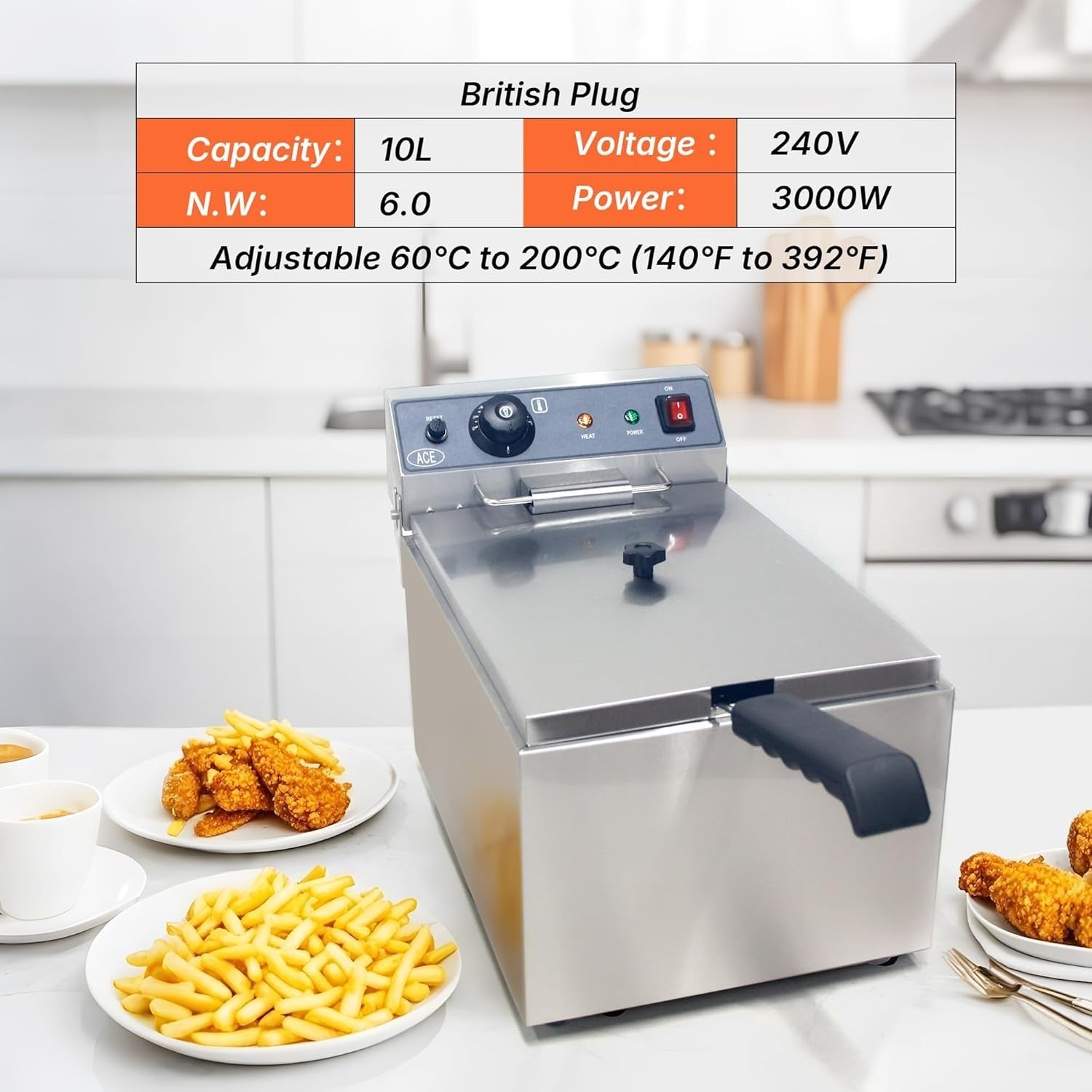 17L Commercial Deep Fat Fryer 3000W Stainless Steel Countertop