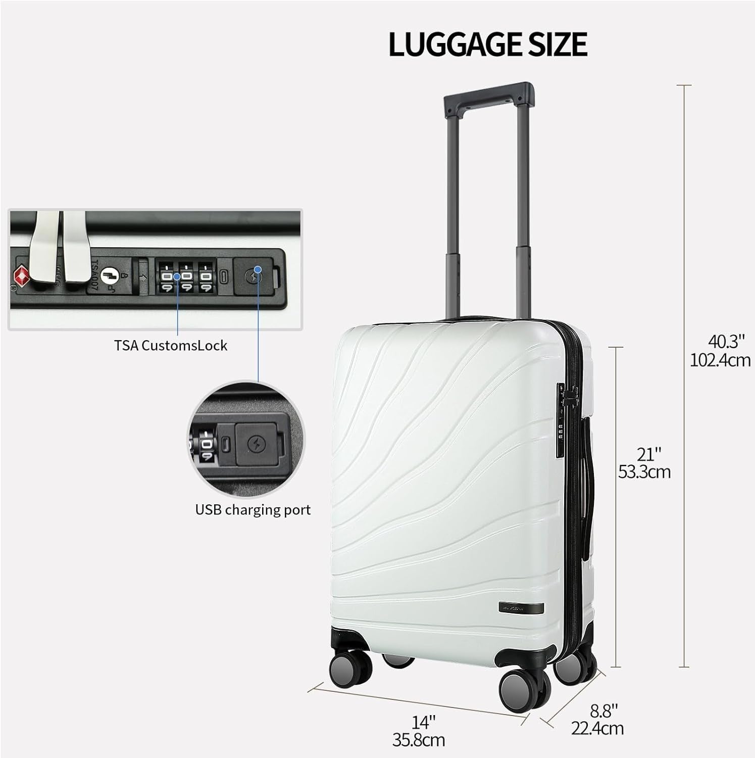 20 Inch Cabin Suitcase PC Hard Shell Expandable Spinner TSA Lock USB