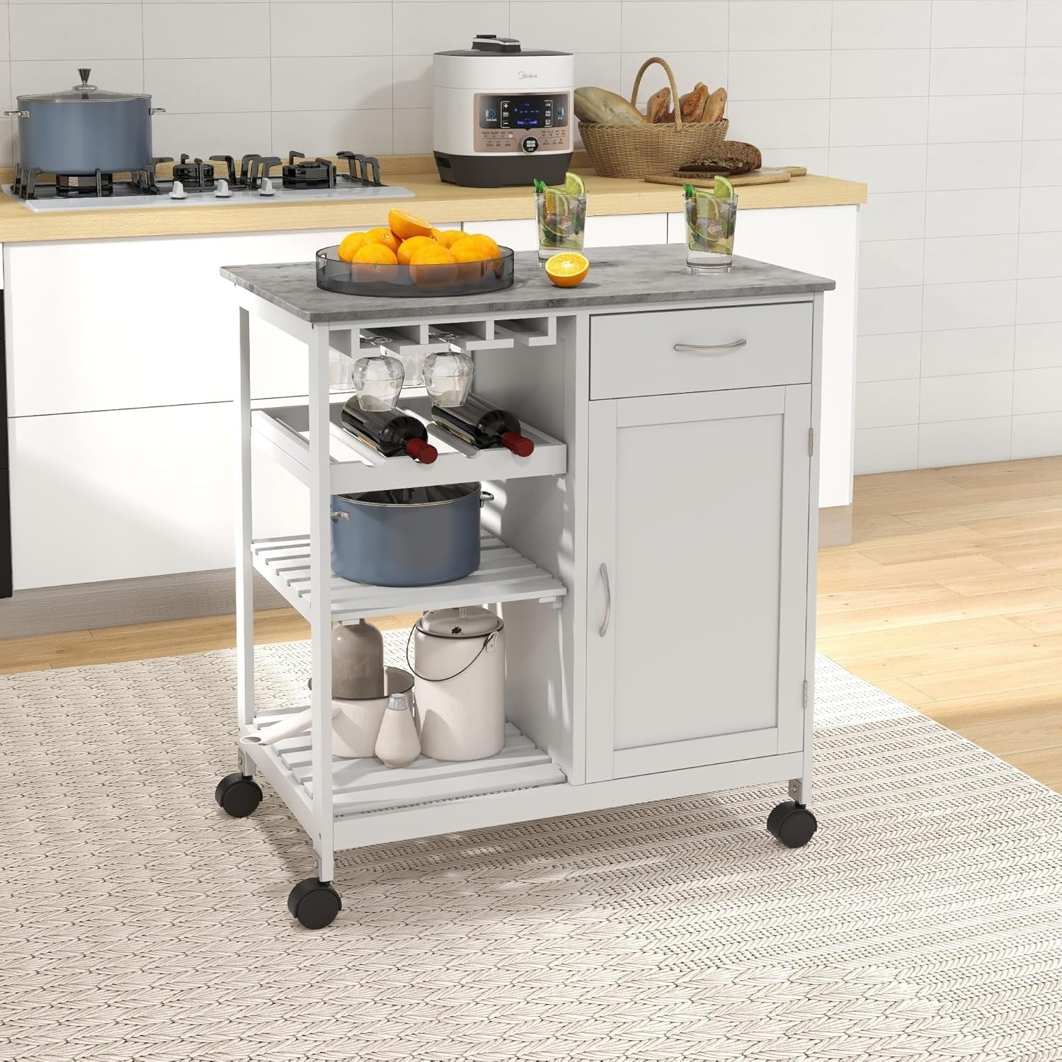 Kitchen Trolley on Wheels with Wine Rack Drawer Storage Cabinet Utility Cart