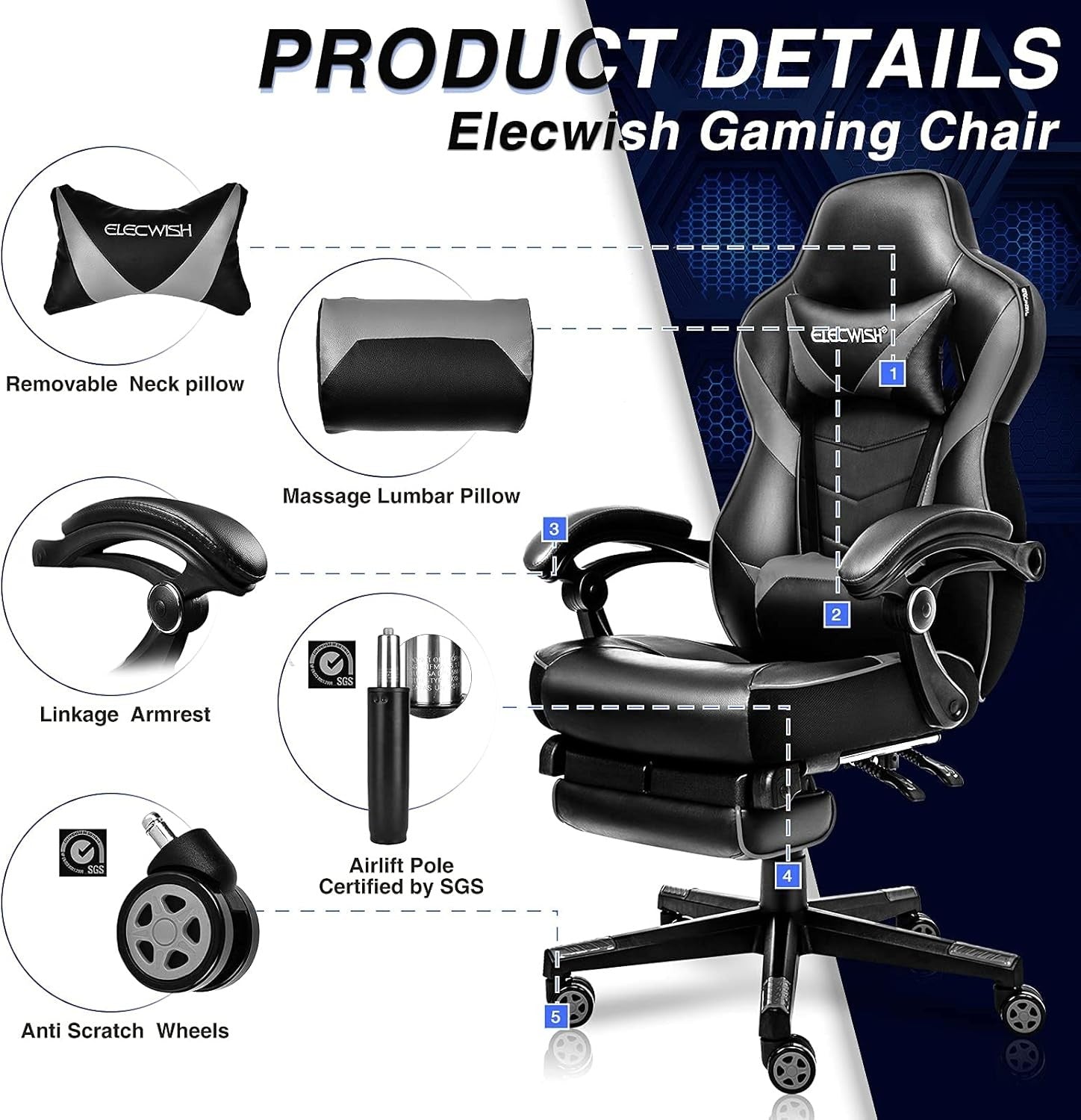 Racing Gaming Chair w/ Footrest Reclining PU Leather Grey
