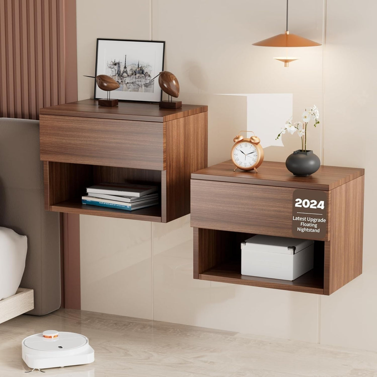 Modern Floating Walnut Bedside Tables Set of 2 – Wall Mounted Drawers & Shelves