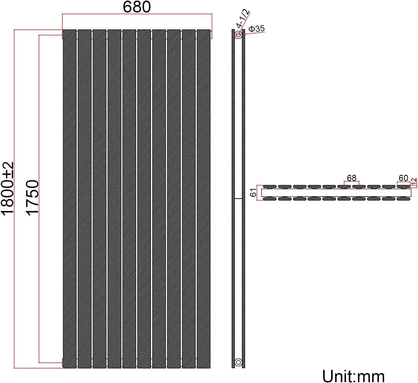 Black Vertical Double Radiator 1800x680mm Slim Flat Panel Heater