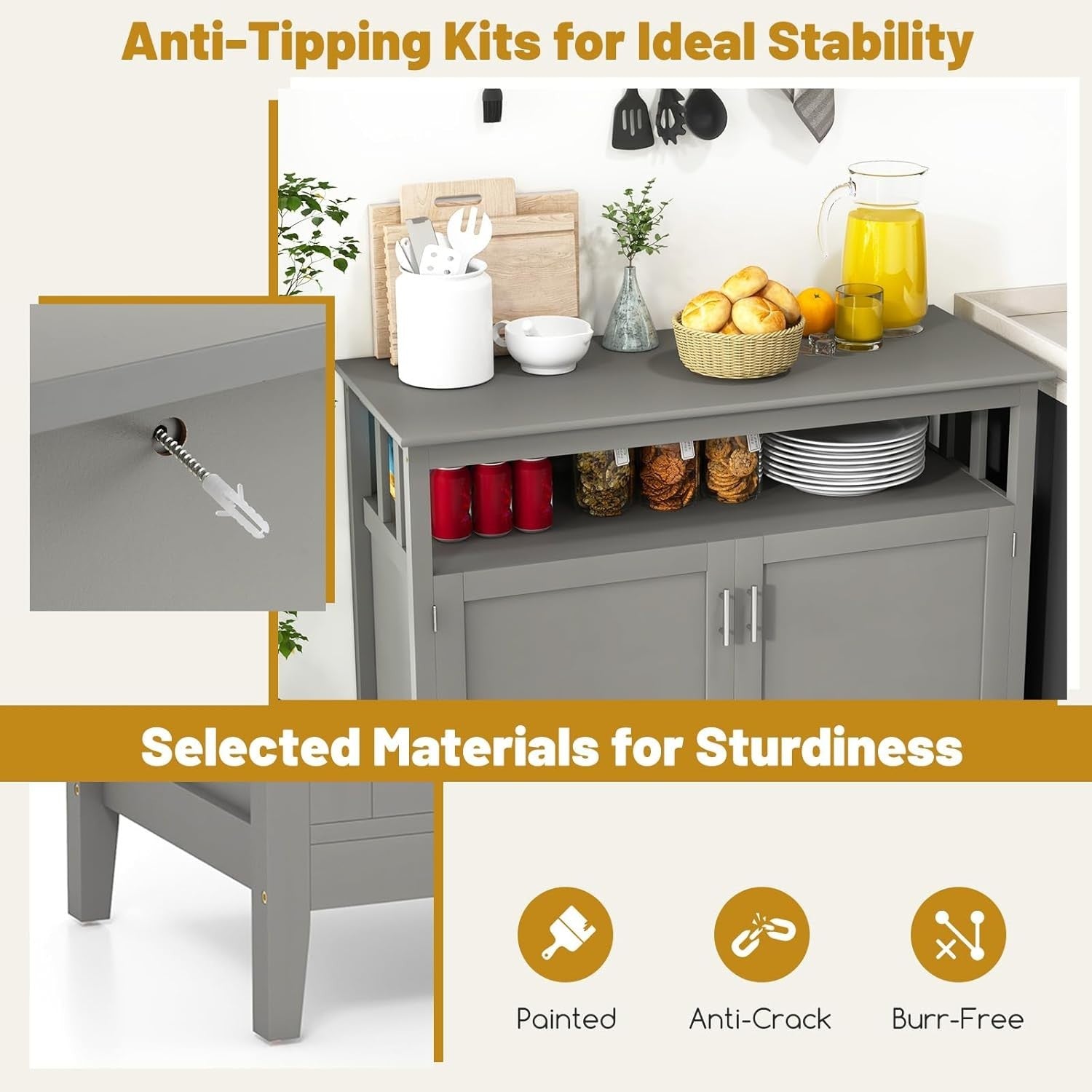 Grey Wooden Sideboard Cabinet Storage Unit with Doors & Adjustable Shelf