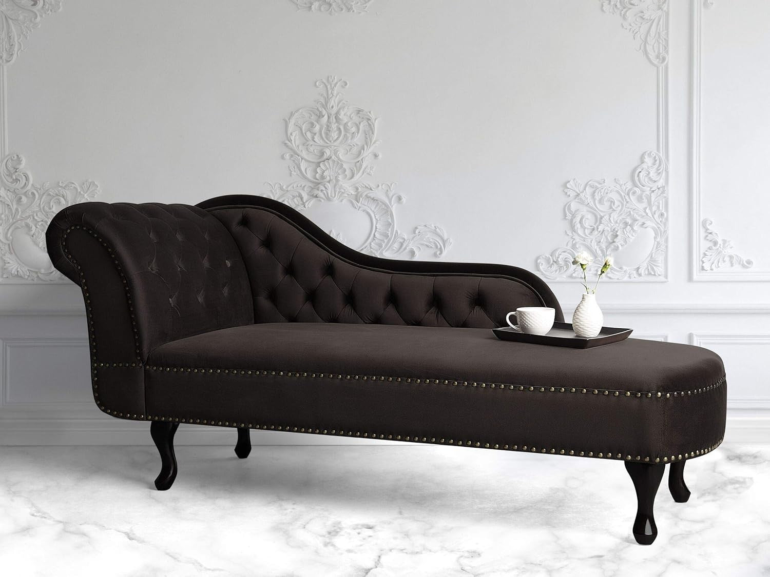 Vintage Left Hand Velvet Chaise Lounge Brown Chesterfield Tufted Fabric Sofa