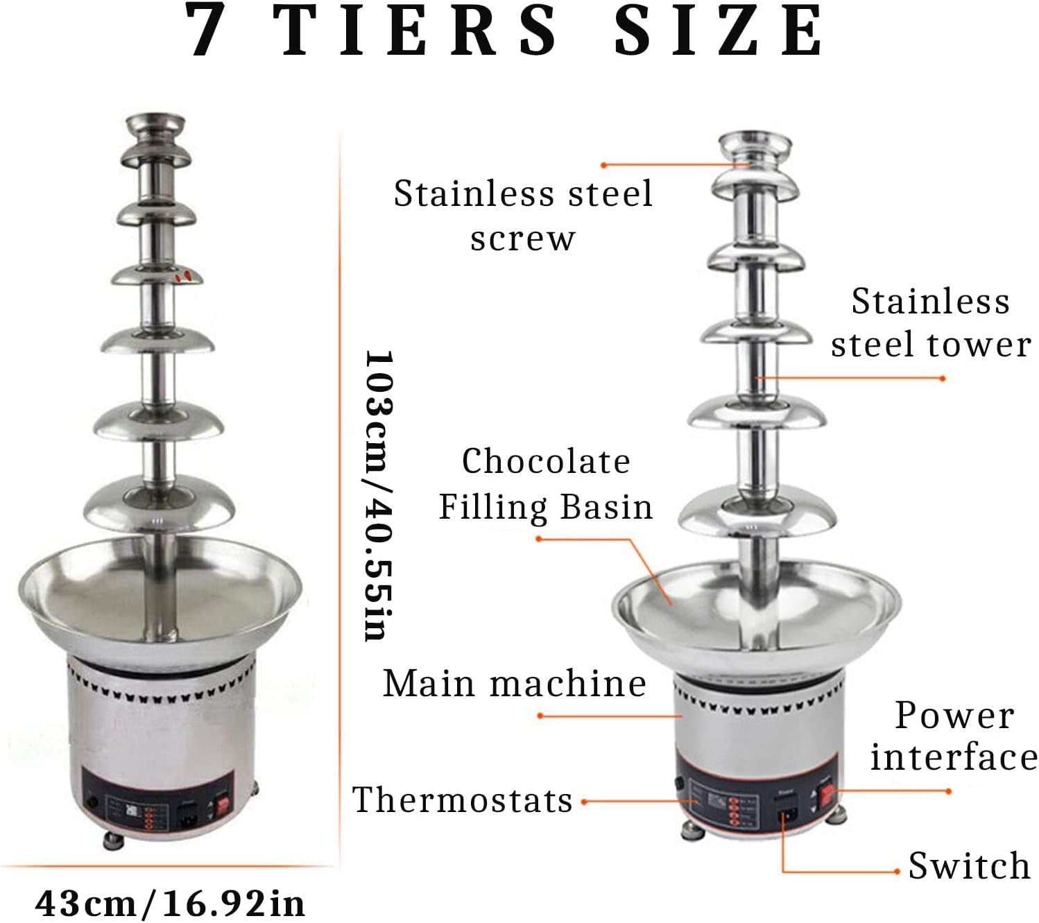 7 Tier Commercial Chocolate Fountain Machine Fondue Waterfall Steel