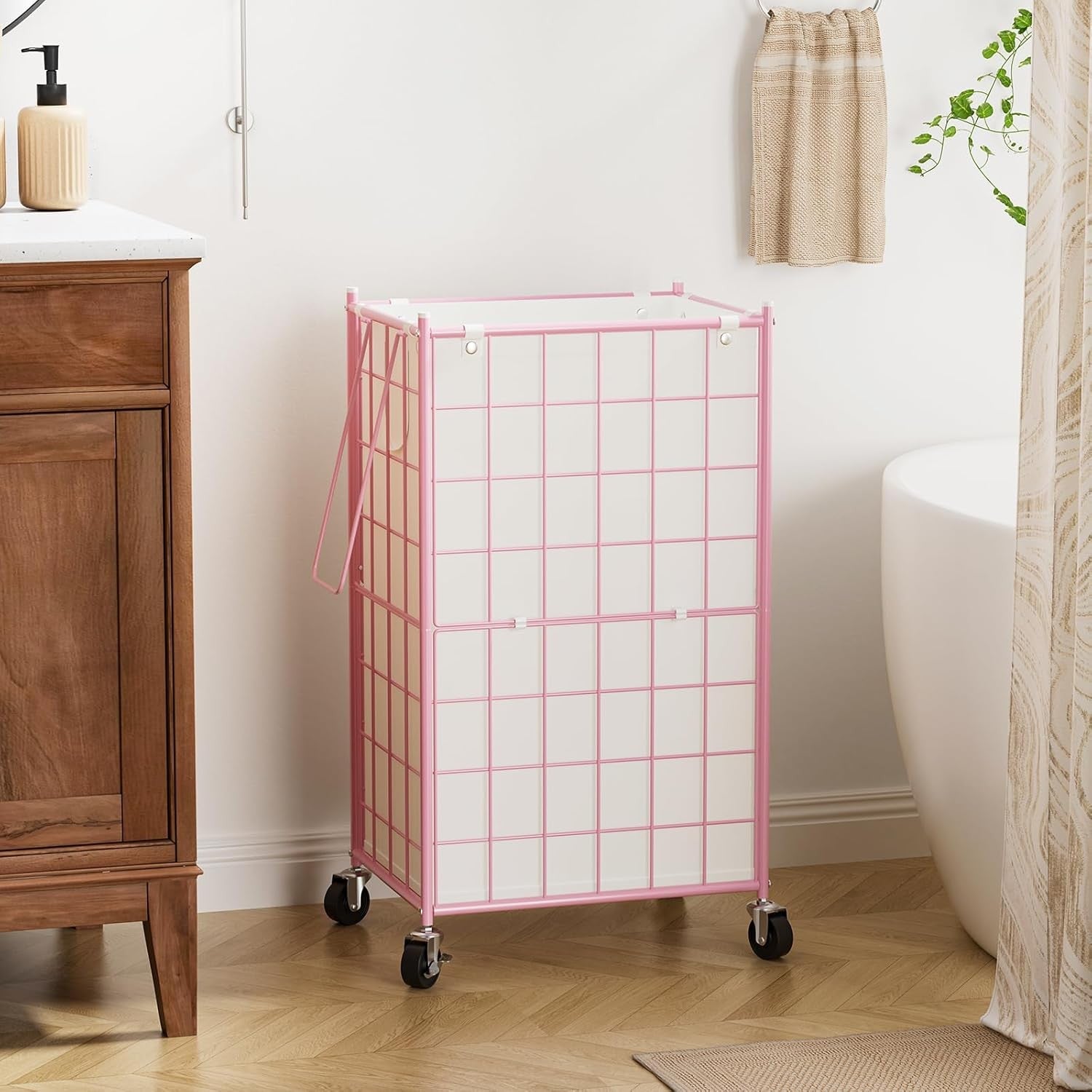 100L Pink Rolling Laundry Hamper Metal Frame with Wheels & Removable Bag