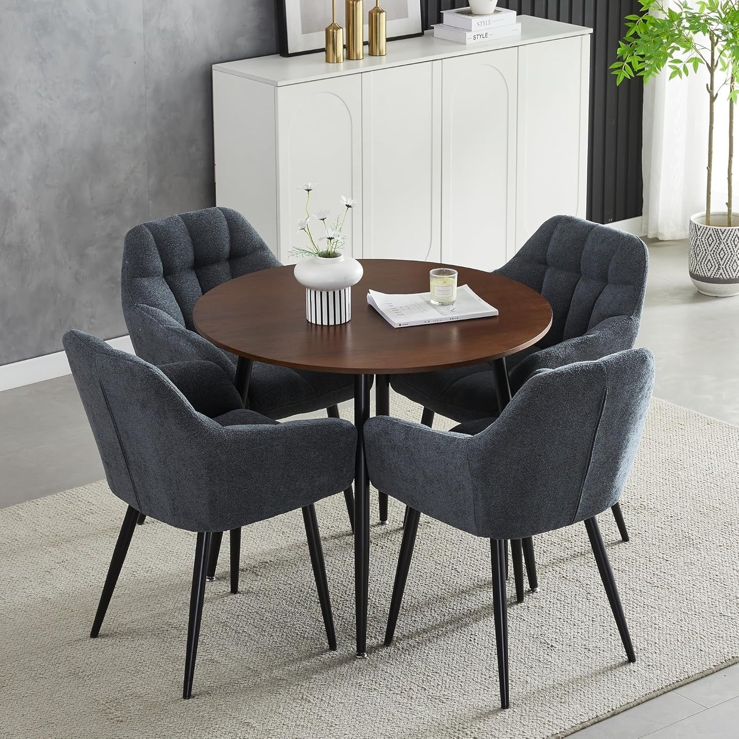 Grey Round Dining Table Set w/ 4 Chairs – Walnut Effect Space-Saving 5-Piece Set