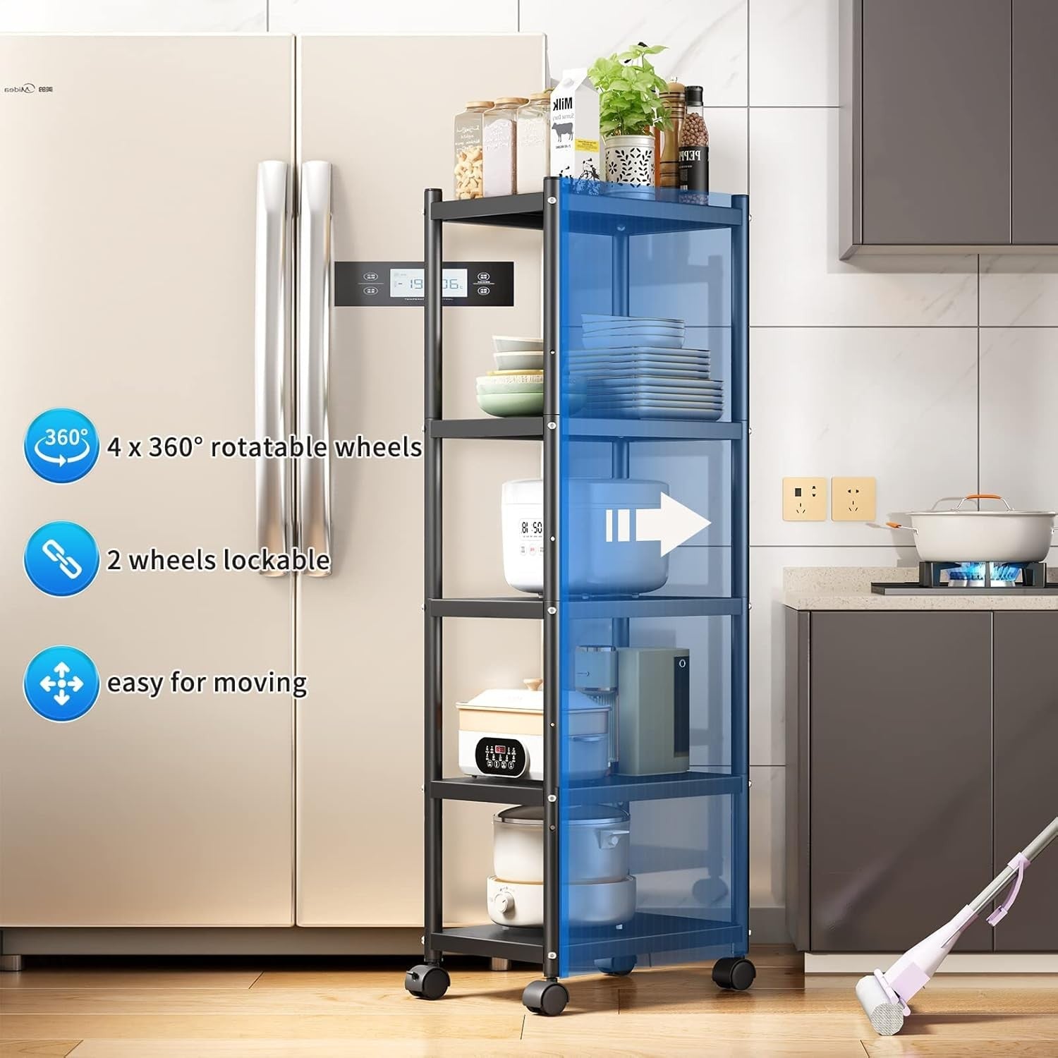 5 Tier Metal Storage Trolley on Wheels Narrow Heavy Duty Shelving Unit Rack