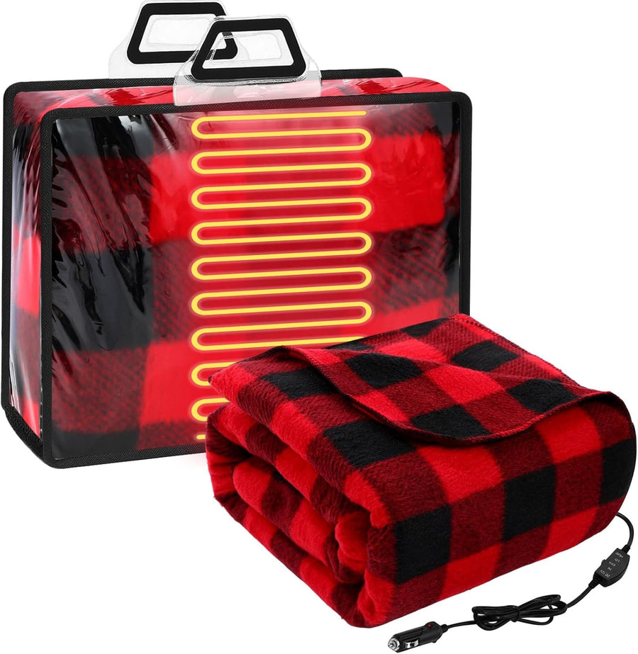 12V Heated Car Blanket Electric Winter Travel Throw Red Black Checkered