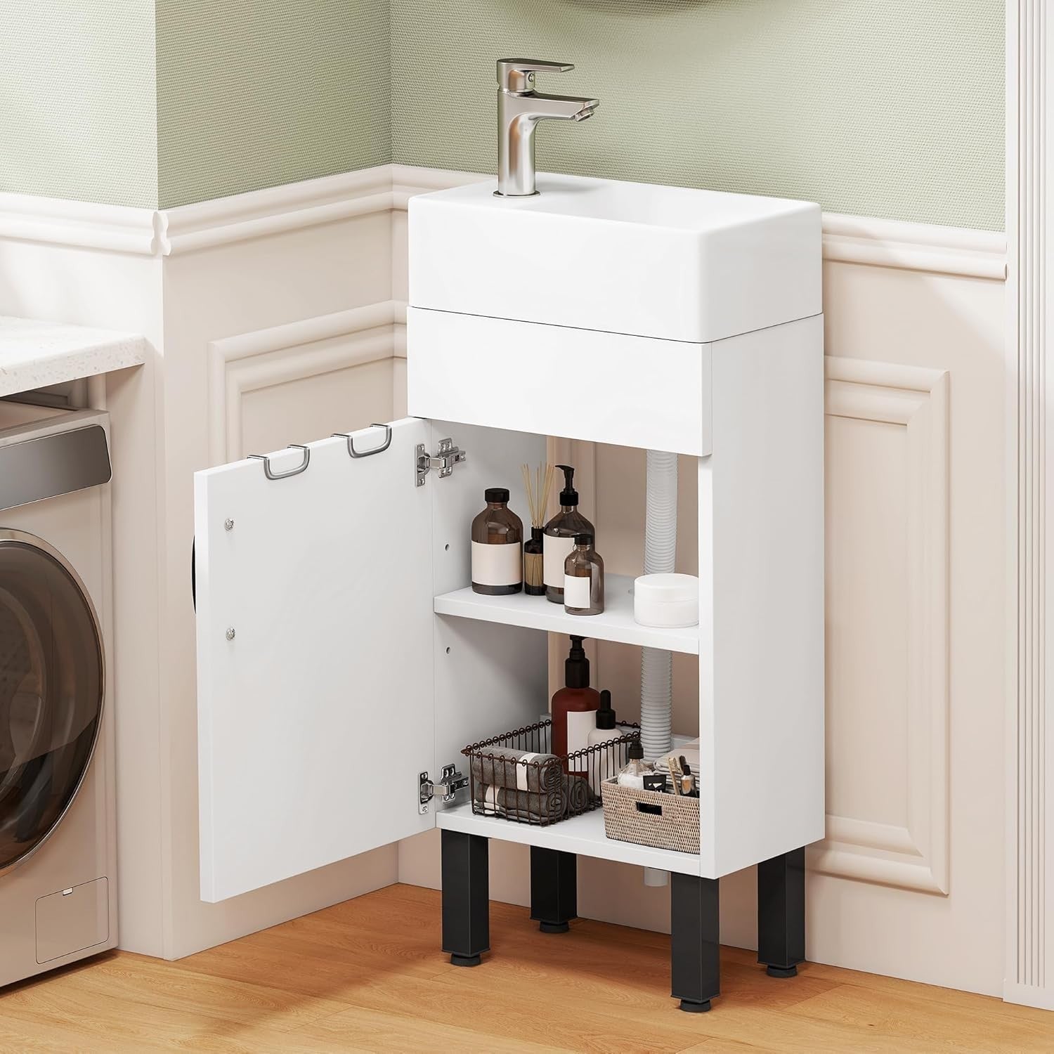 White Under Sink Vanity Cabinet with Basin & Storage 86.5cm Bathroom Unit