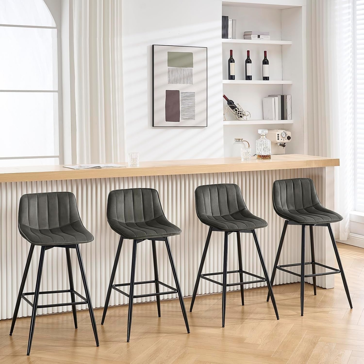 Contemporary Velvet Bar Stools Set of 2 Dark Grey Metal Kitchen Chairs
