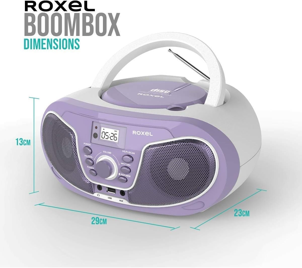 Purple Portable Boombox CD Player Bluetooth FM Radio USB AUX Remote