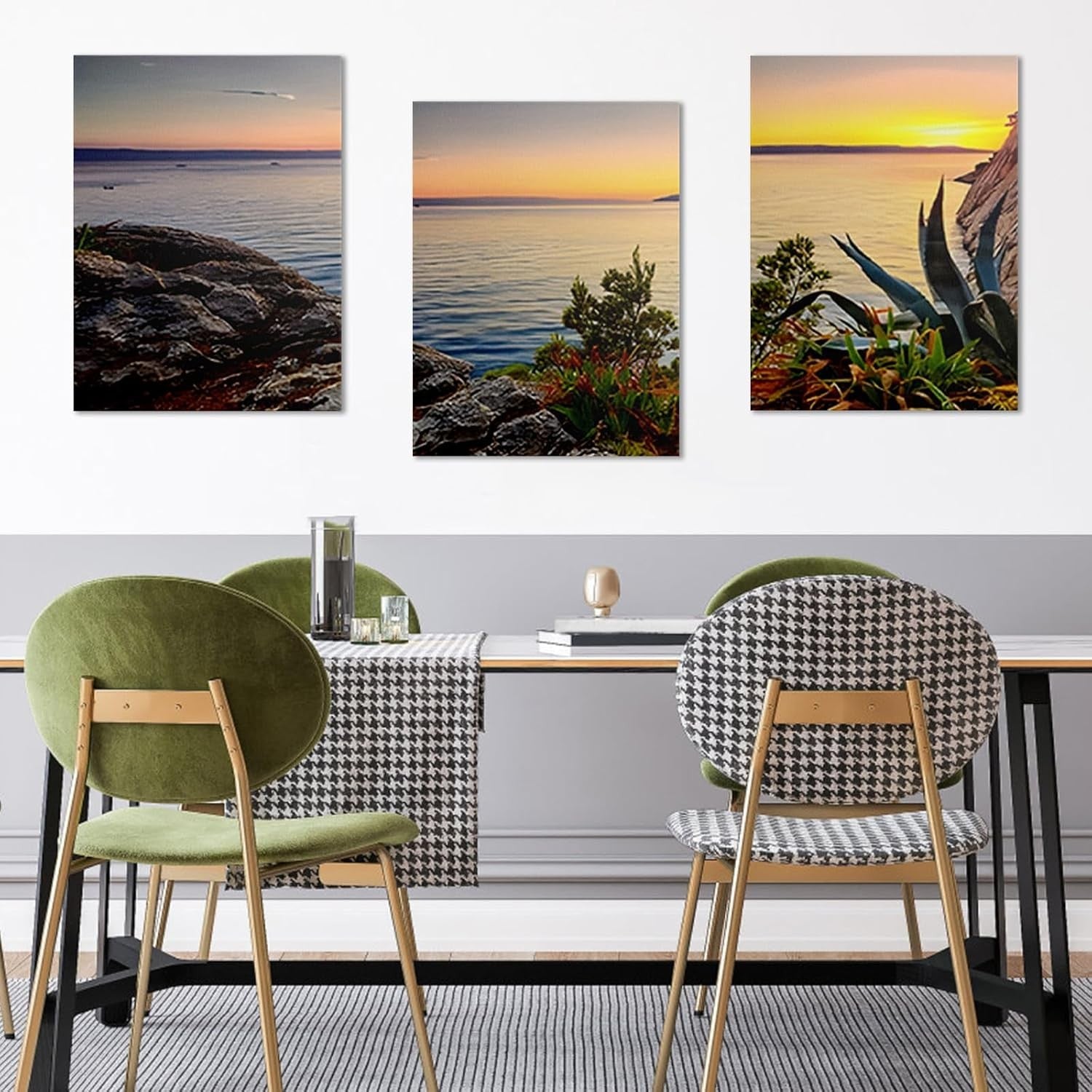 Framed Sea Sunset Canvas Wall Art Set of 3 16x12 Ocean Panel Decor