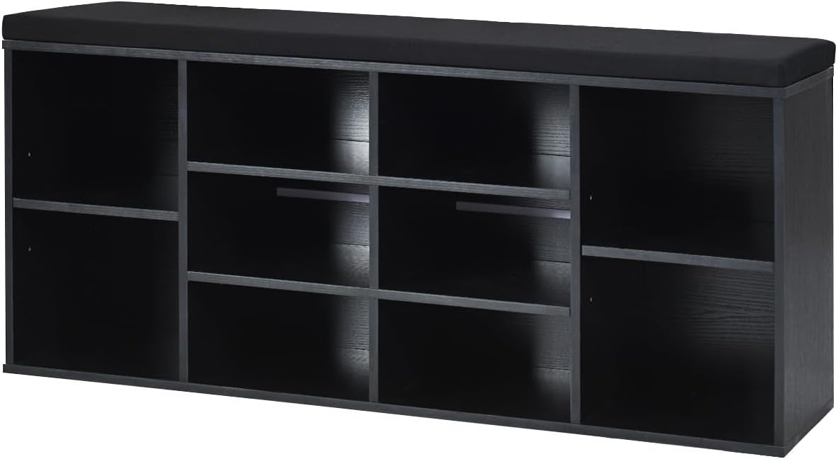 Black Shoe Bench with Cushion 10-Compartment Storage Rack Adjustable Shelves