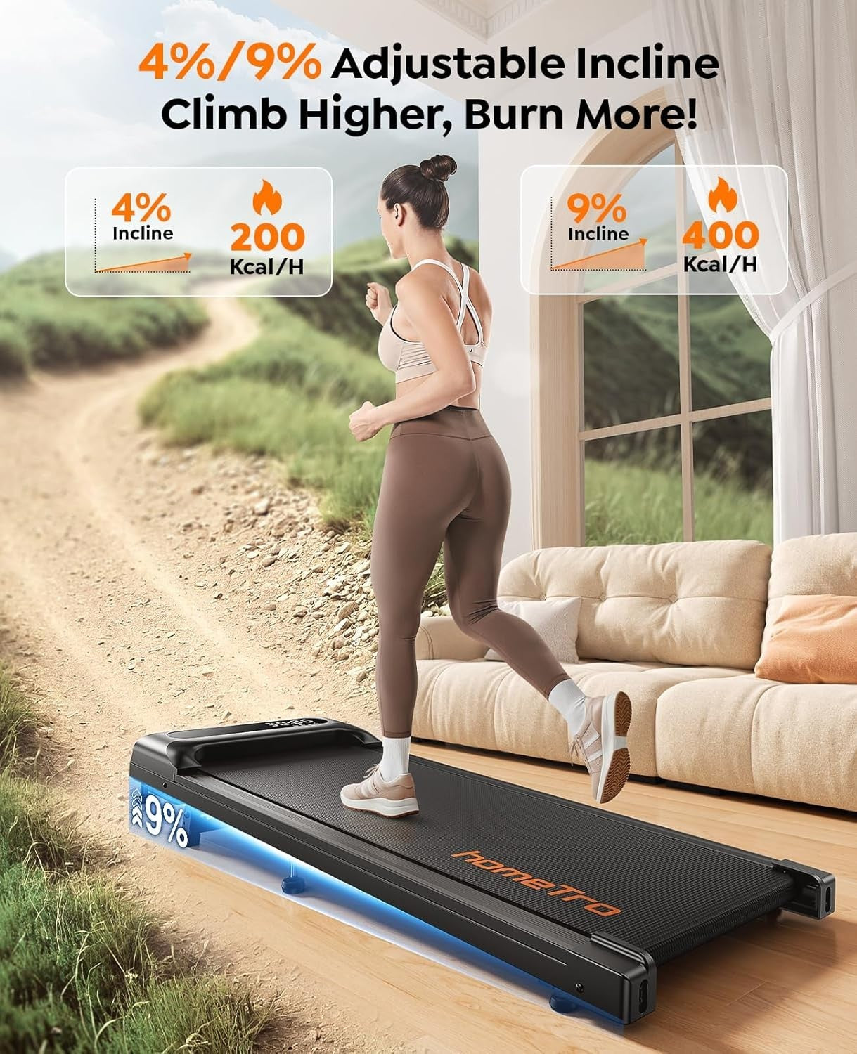 Compact Under Desk Treadmill 9% Incline 3HP Quiet Home Walking Pad