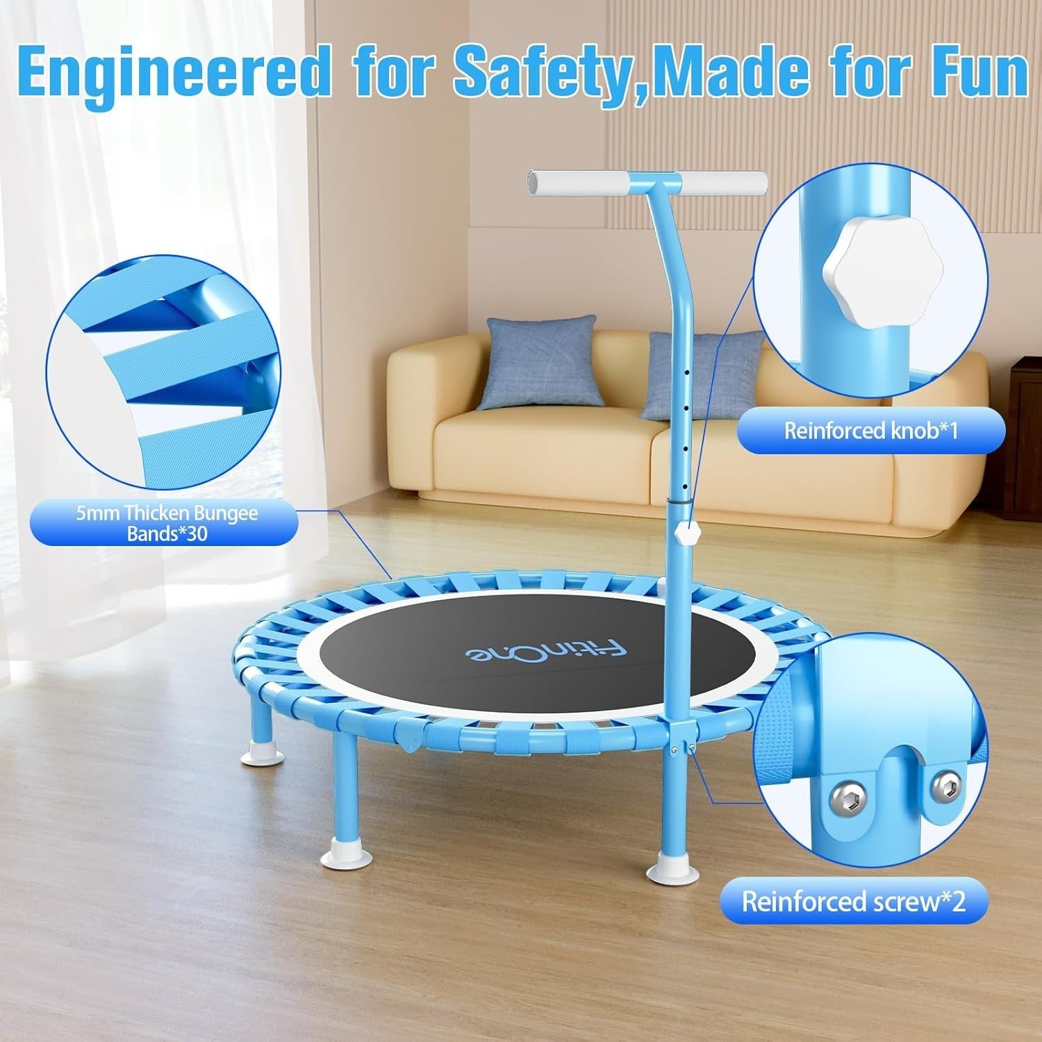 40” Folding Mini Trampoline Indoor Rebounder w T Handle Quiet 150KG