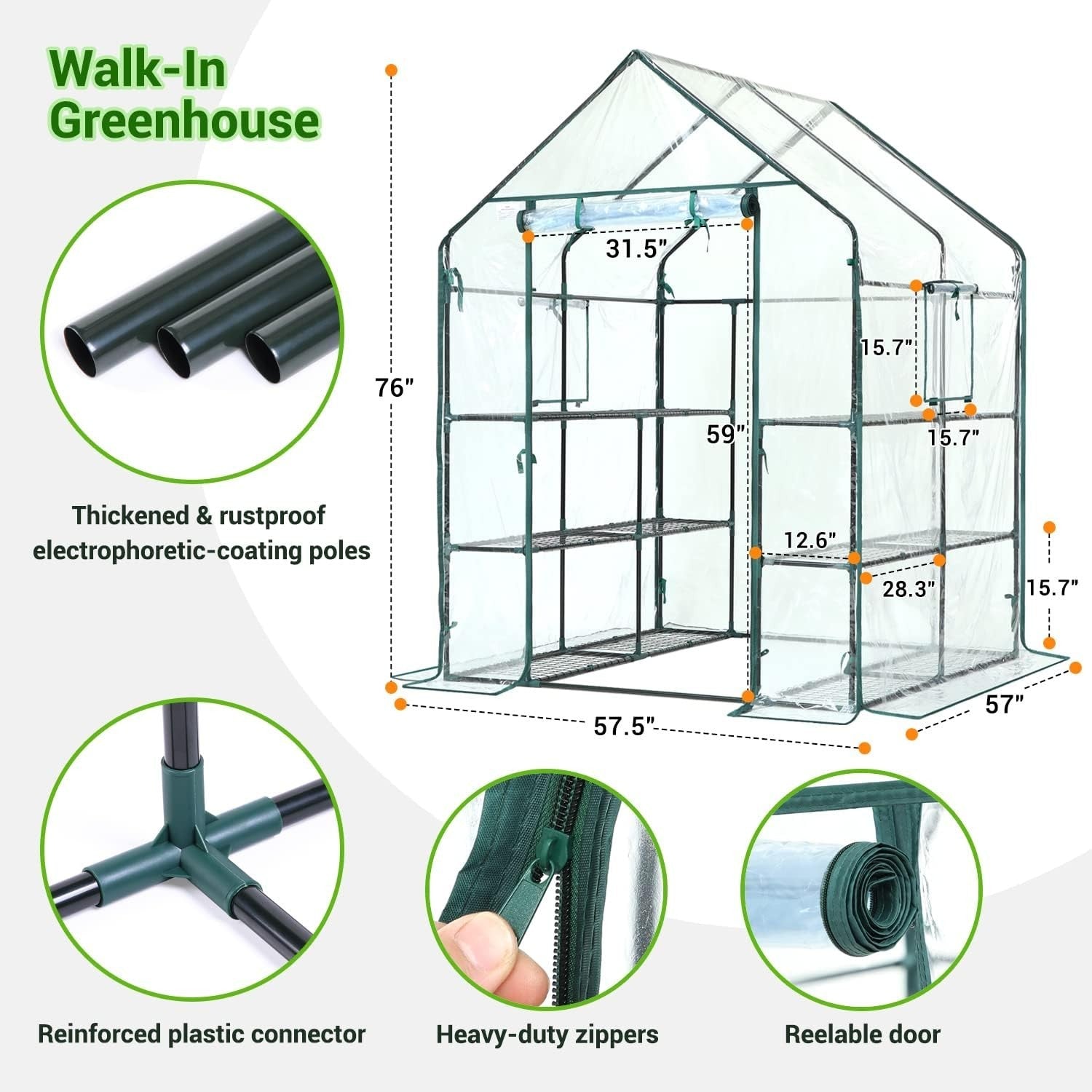 Walk-In 3 Tier 12 Shelf Greenhouse | Clear PVC Cover Heavy-Duty Garden Growhouse