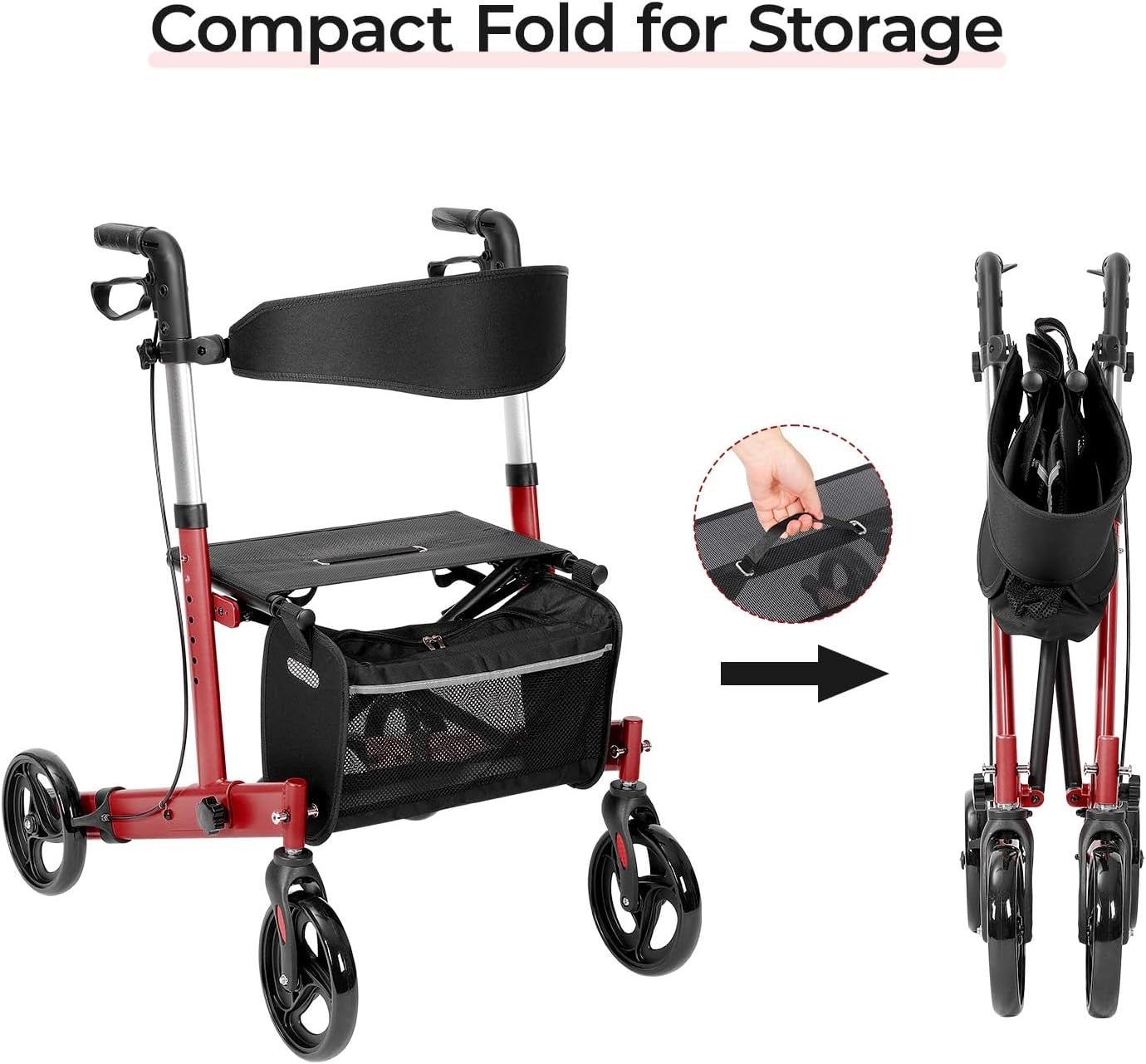 Lightweight Folding Rollator Walker 4 Wheel Seat Bag 300lb Red