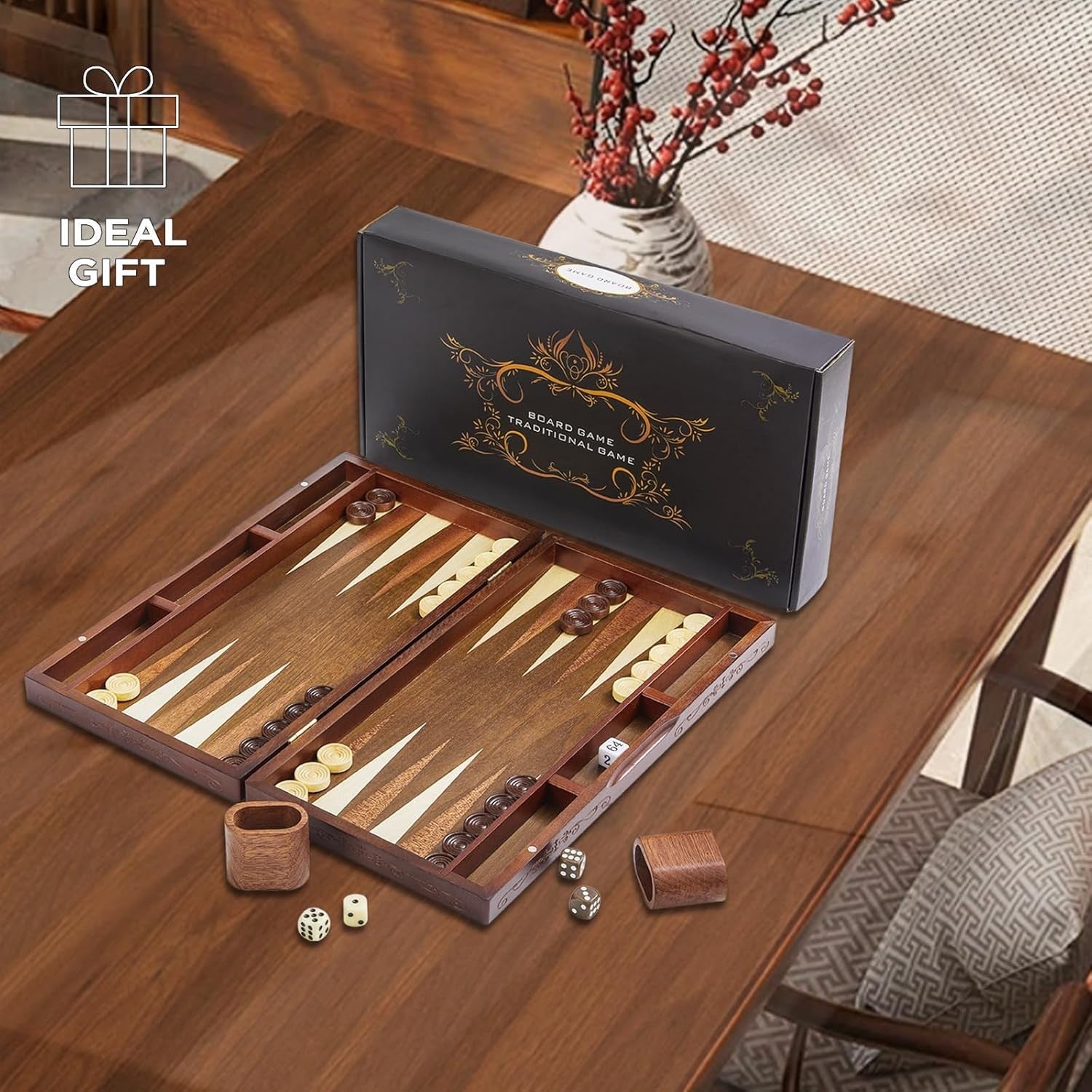 Large Wooden Backgammon Set 40cm Folding Board Travel Classic Strategy Game