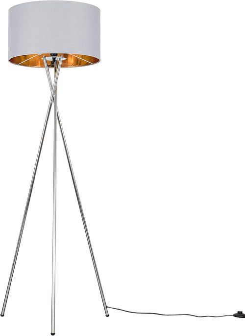 Polished Chrome Tripod Floor Lamp Grey Gold Shade Modern Standing Light