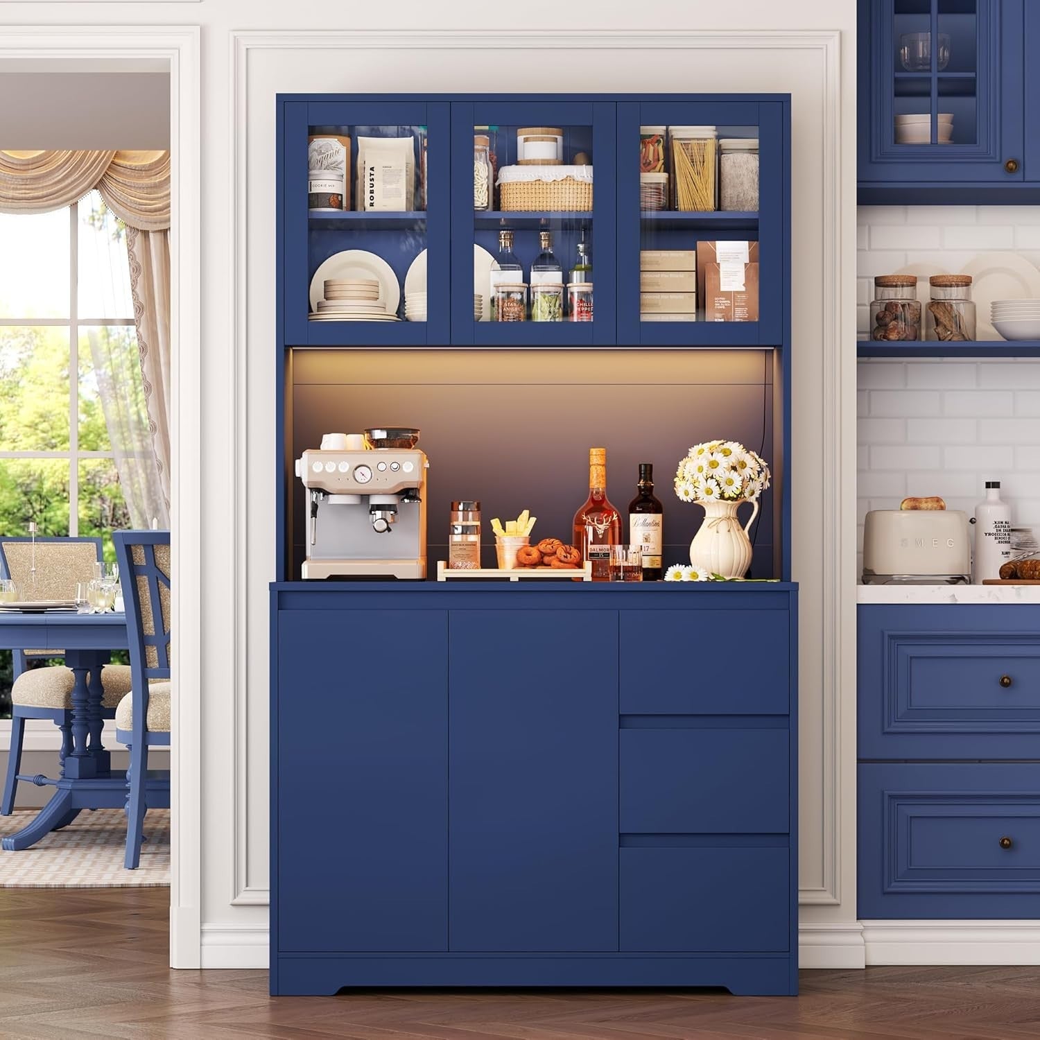 Blue Tall Kitchen Cupboard with LED, Shelves, Drawers & Power Sockets