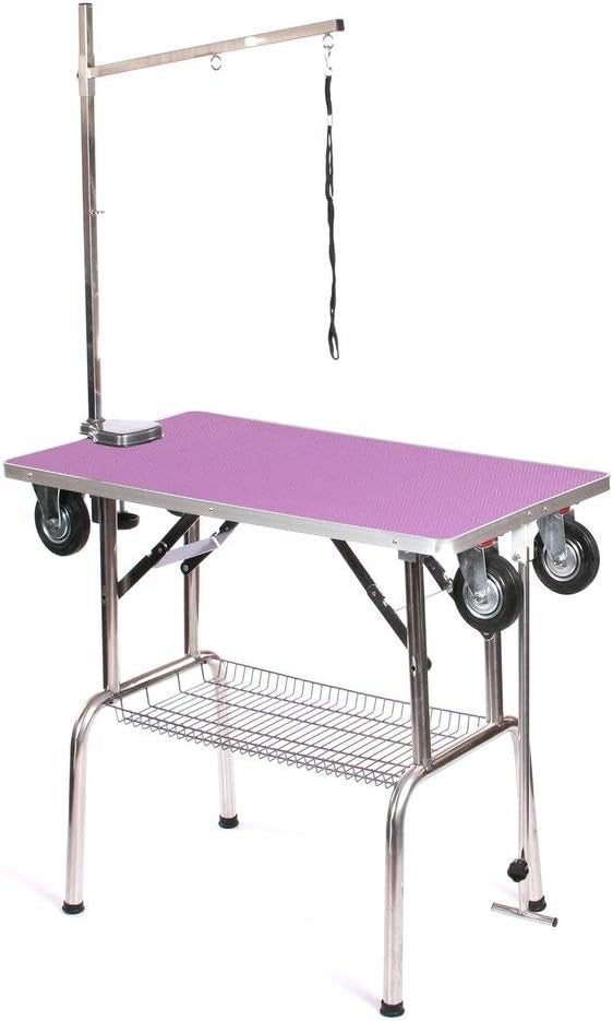 Mobile Dog Grooming Table Stainless Steel with Wheels Adjustable Arm Purple