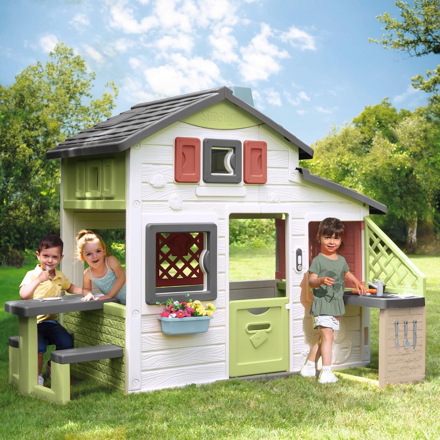 Large Kids Outdoor Playhouse with Kitchen Picnic Grill Doorbell