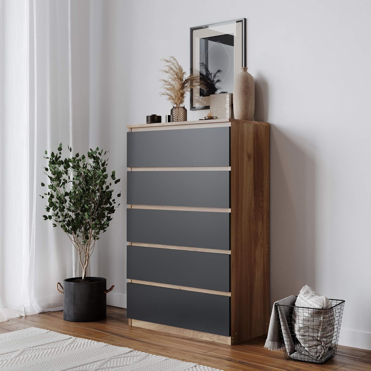 5 Drawer Chest Oak Black Bedroom Storage Cabinet Tall Modern Slim Unit