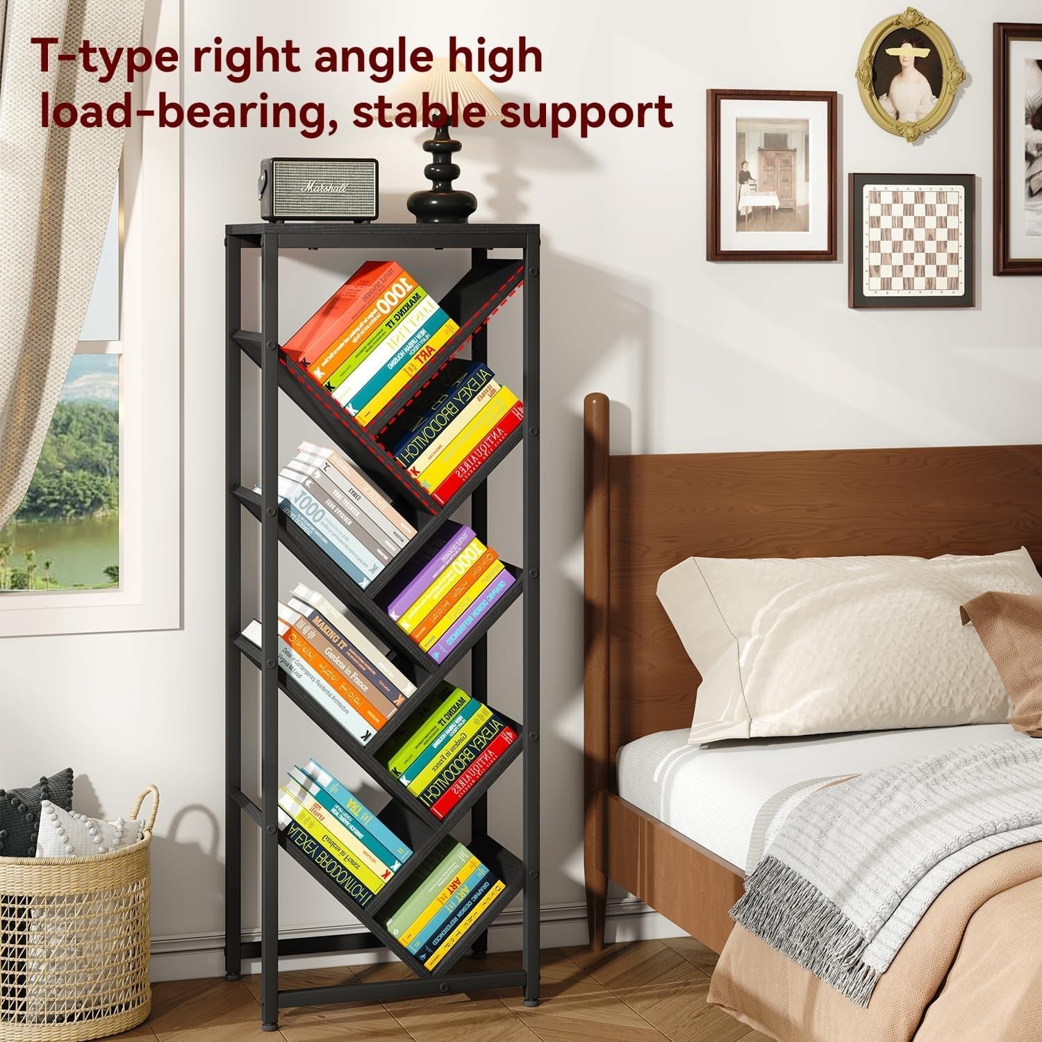 9-Tier Tree Bookshelf Black Wooden Floor Standing Corner Shelf Storage