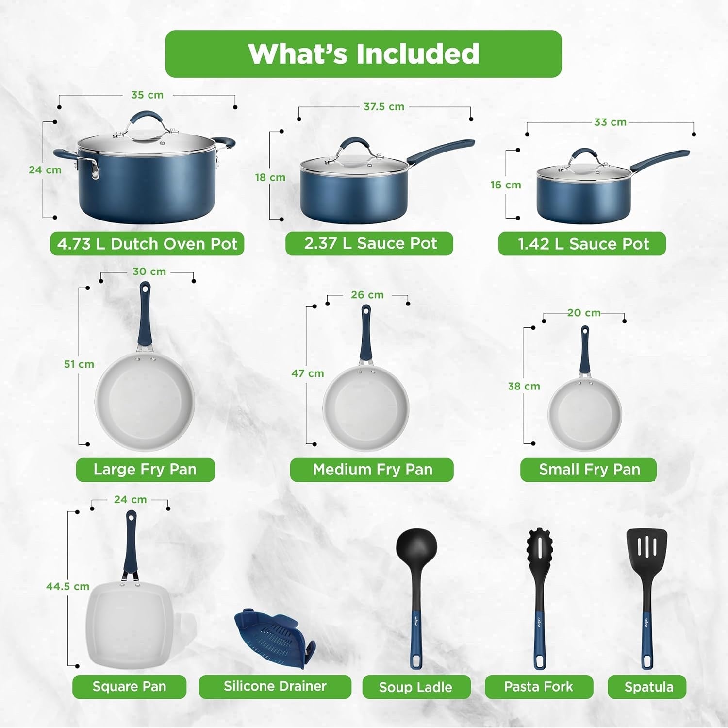 20pcs Navy Non Stick Cookware & Bakeware Set Induction Safe Pots Pans with Lids