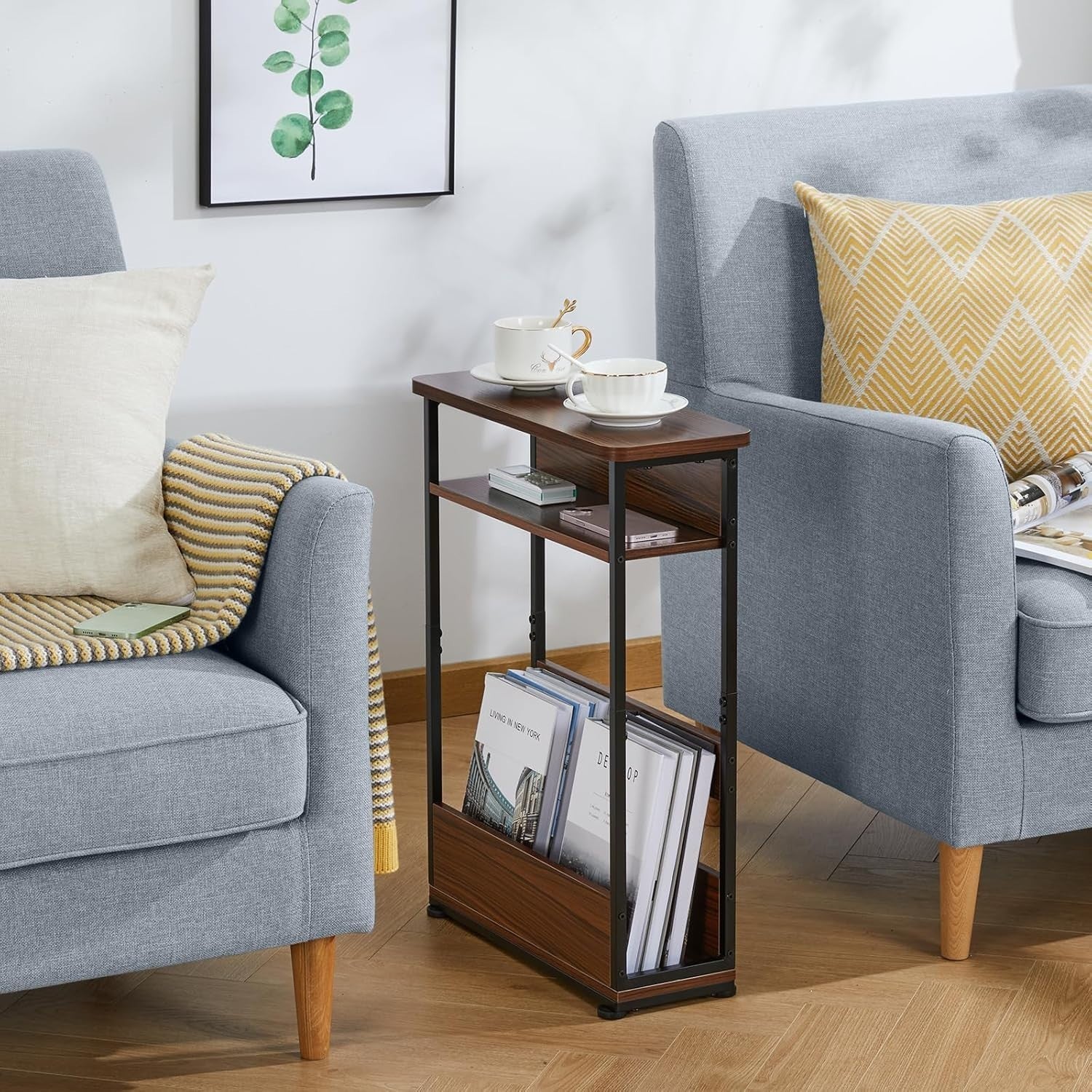 Narrow 3-Tier Side Table with Storage Shelf Slim End Table 46x18x62.5cm