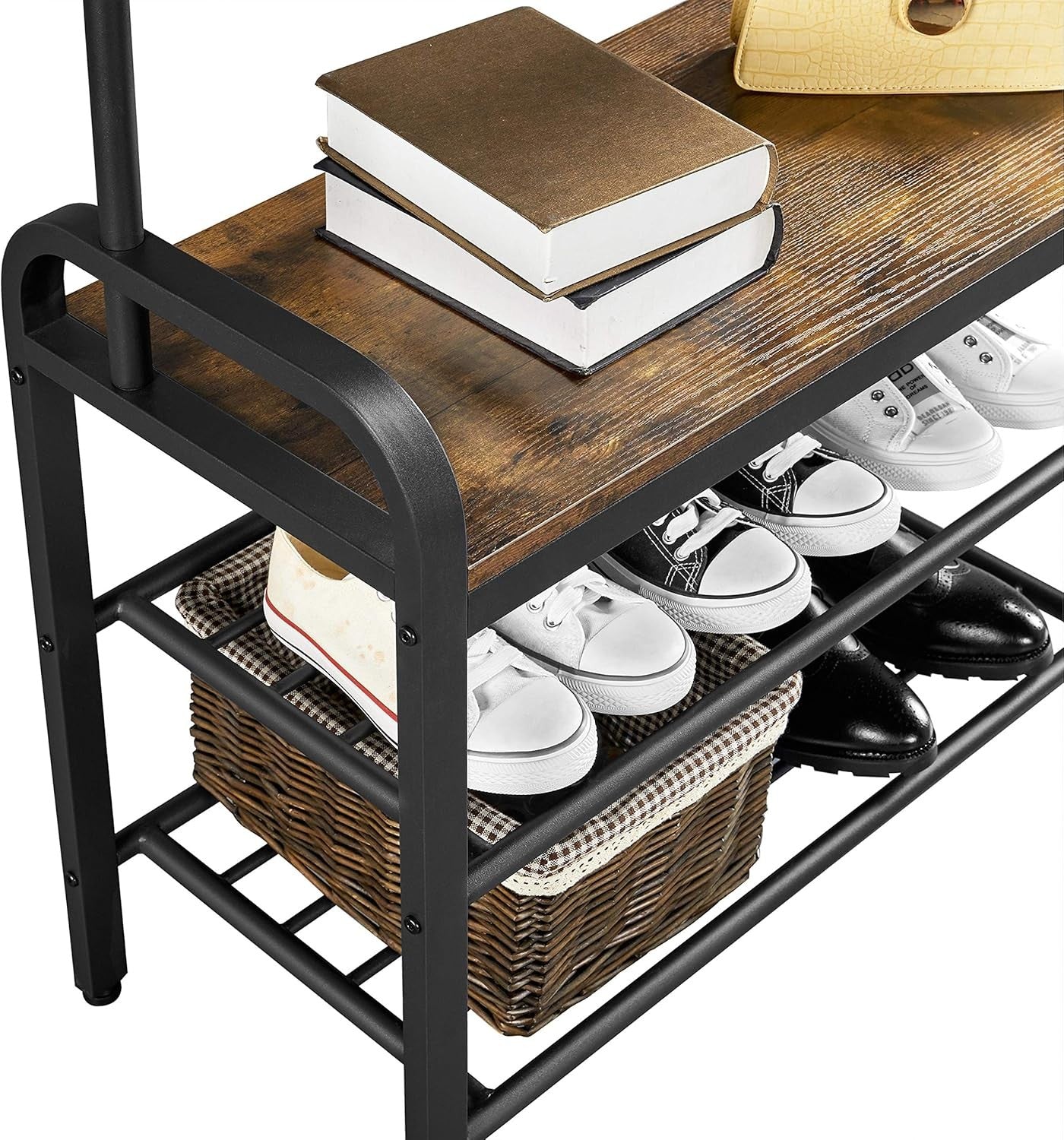 Rustic Brown Coat Rack with Shoe Bench & 23 Hooks | Hall Tree Entryway