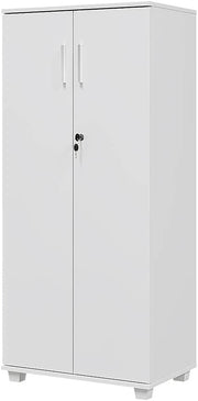 White Tall Lockable Storage Cabinet 2 Door Slim Office Filing Cupboard