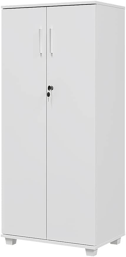 White Tall Lockable Storage Cabinet 2 Door Slim Office Filing Cupboard
