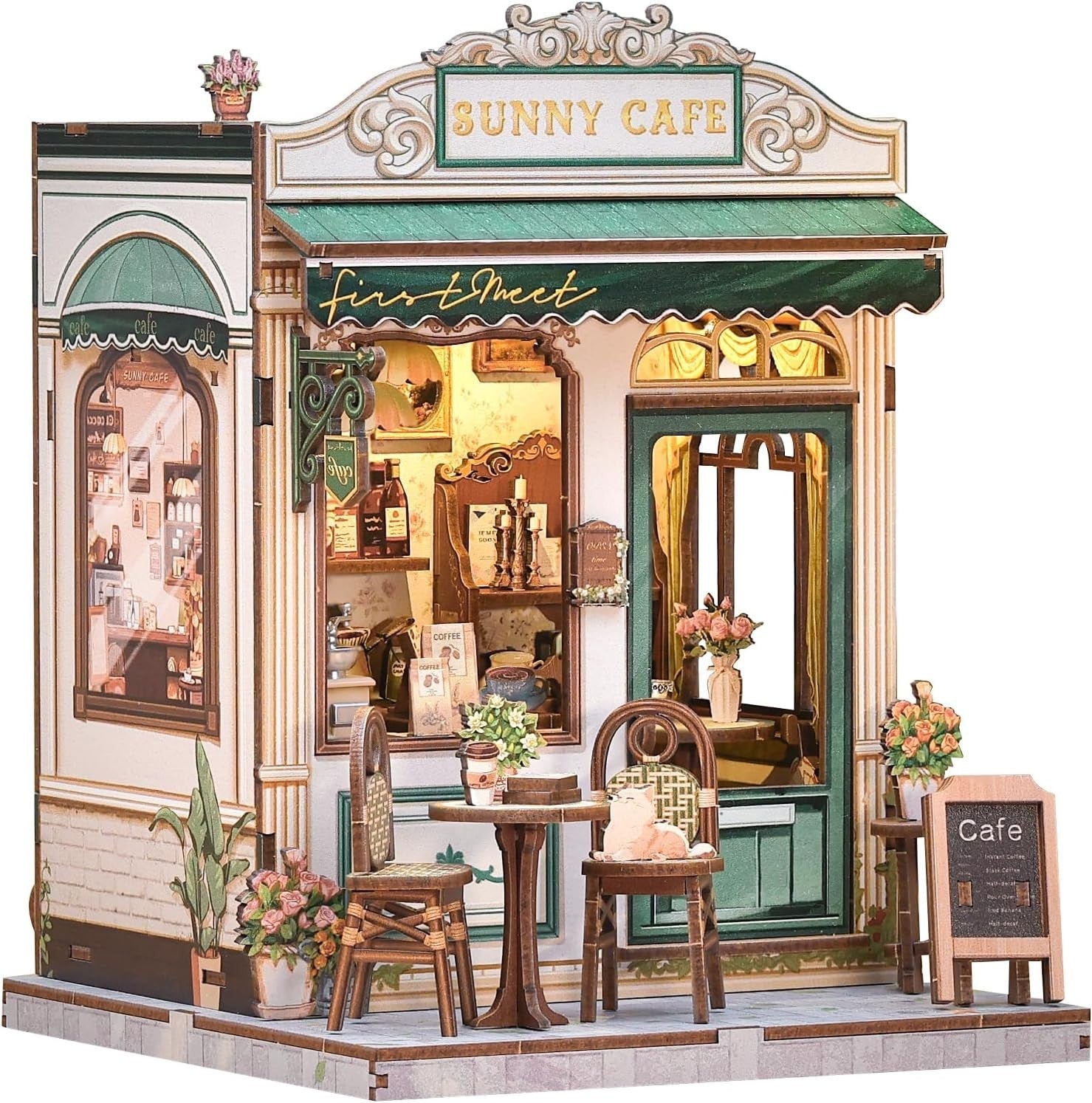 DIY Book Nook Kit Sunny Cafe Miniature House LED Wooden Bookend Decor
