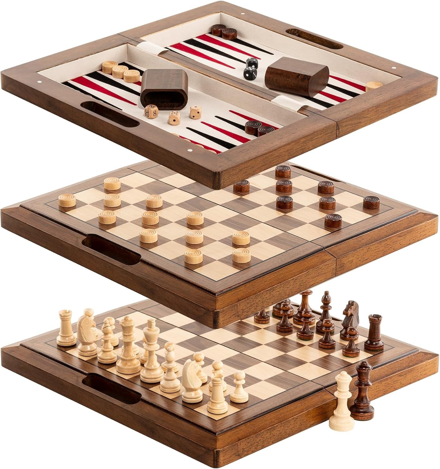 15.5" Deluxe 3-in-1 Wooden Chess Backgammon Checkers Folding Travel Set
