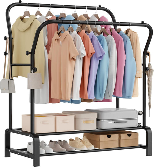 Heavy Duty Double Clothes Rail with Shelf & Hooks – Black