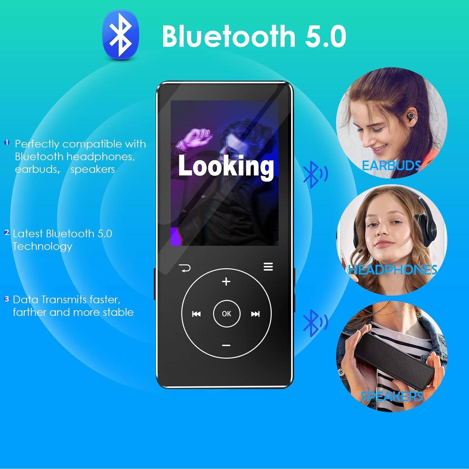 Bluetooth 5 Portable MP3 Player 64GB Music FM Radio Voice Recorder