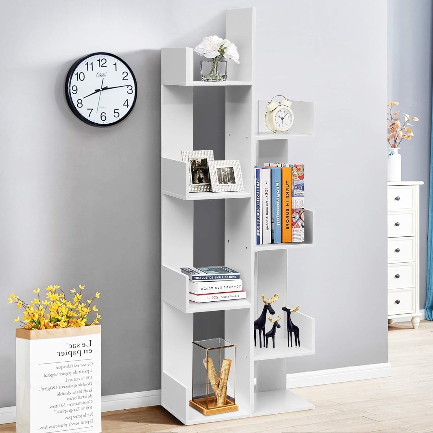 8-Tier Tree Bookcase White Freestanding Modern Storage Shelf Unit for Home Offic