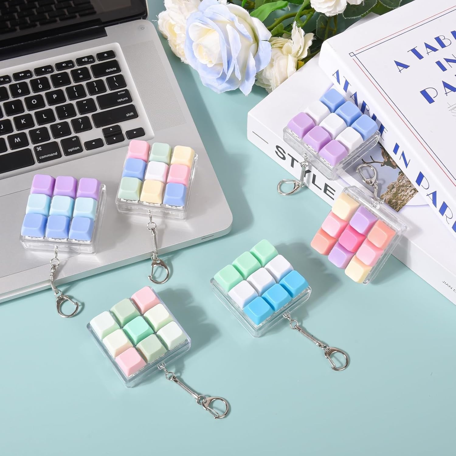 2 Pack Keyboard Fidget Clicker Stress Relief Keychain Toy Pink Green
