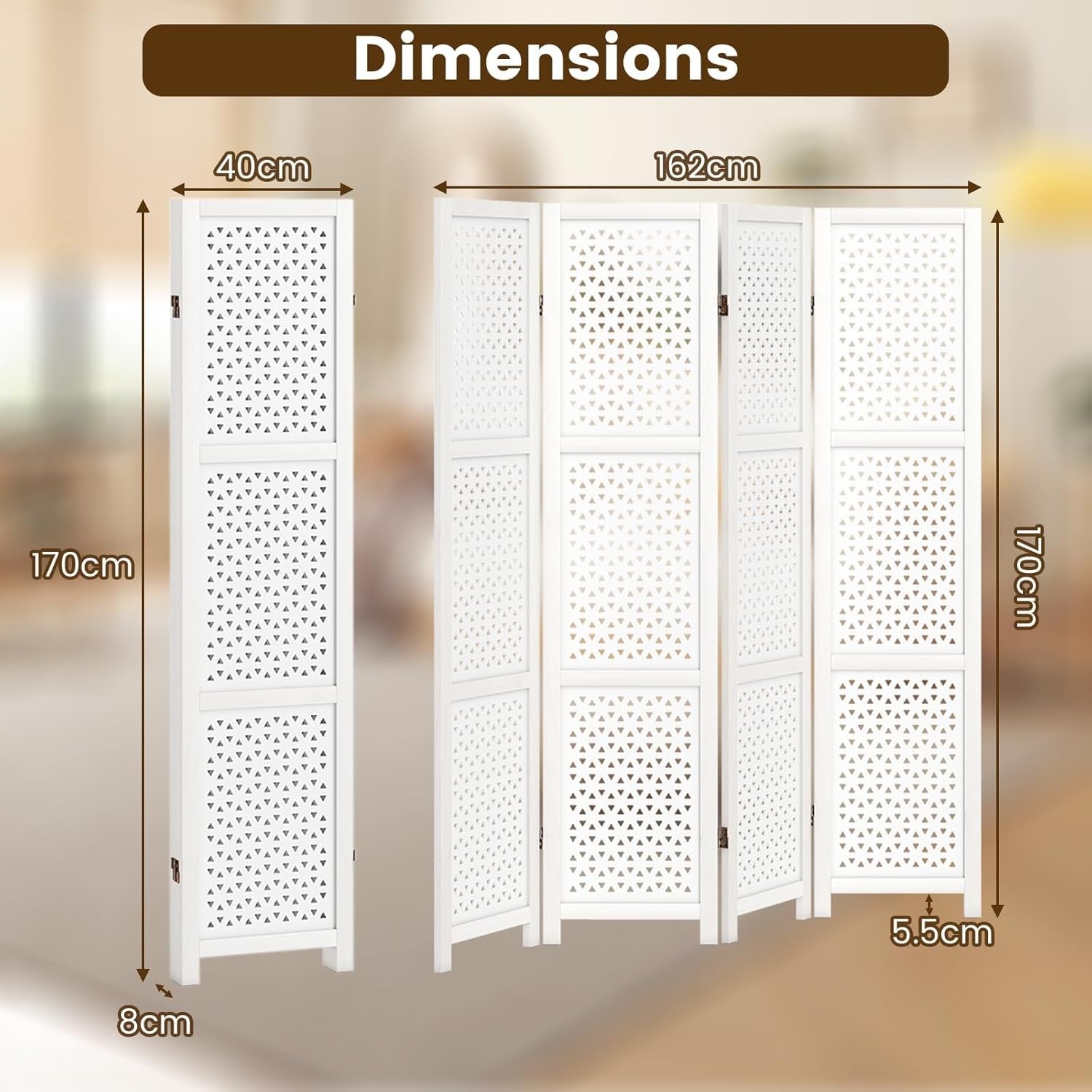 4 Panel White Carved Wood Room Divider Decorative Privacy Screen 170cm High