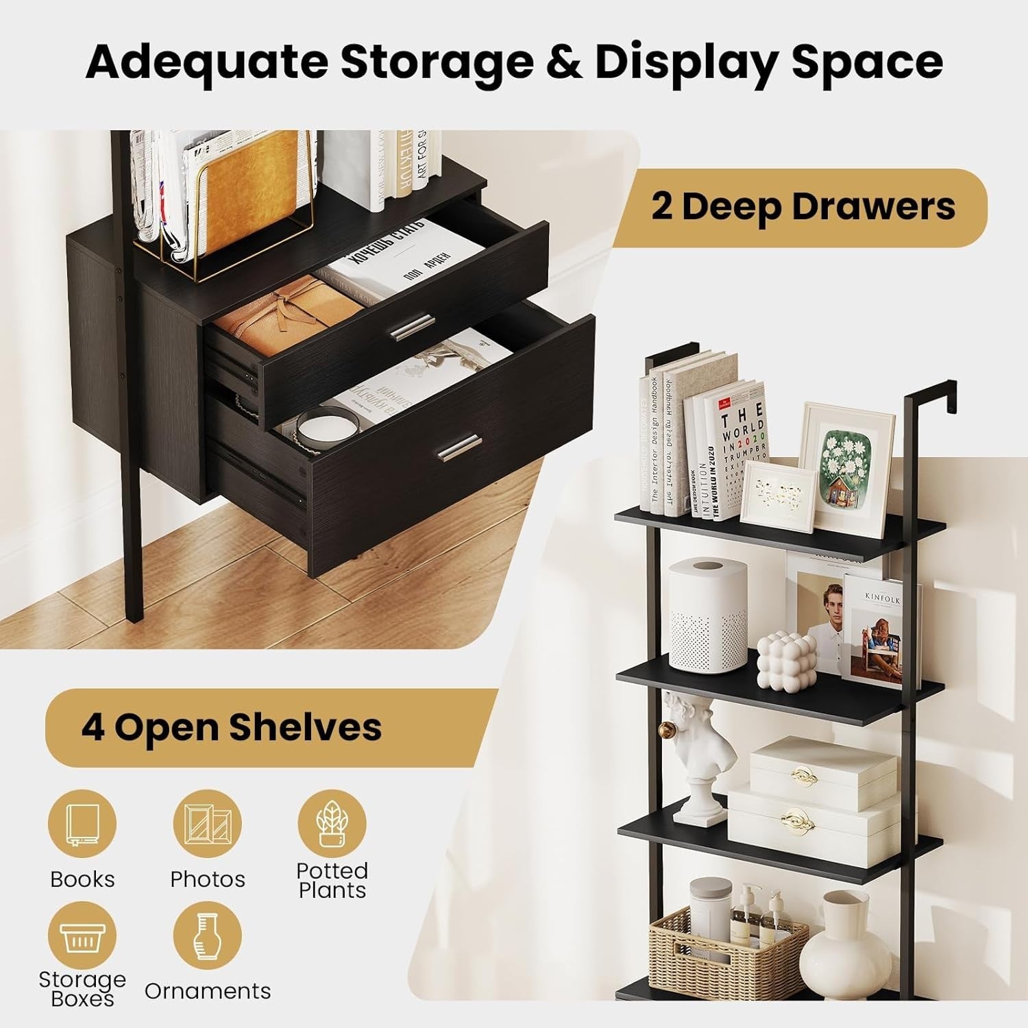 6 Tier Ladder Shelf Wall Mounted Bookcase with Drawers Metal Wood