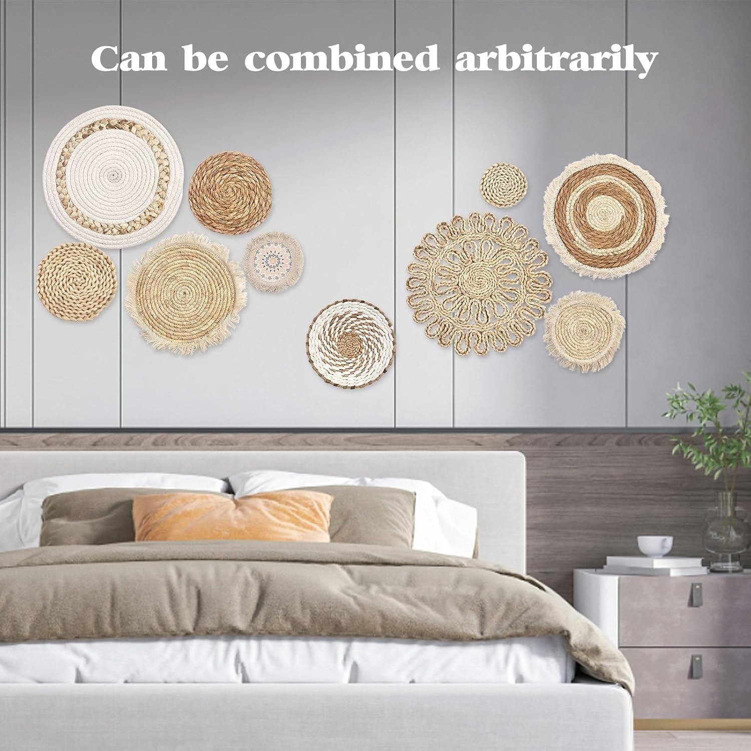 Set of 10 Boho Woven Wall Baskets Rattan Water Hyacinth Decor